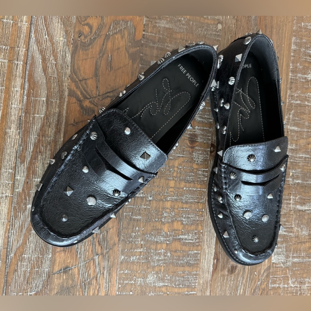 New Free People Suki Studded Black Loafers, Size 10